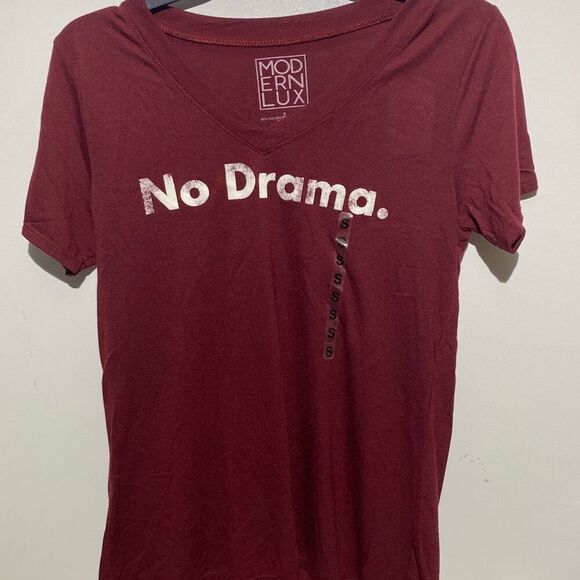 Modern Lux Tee Women's Small Aubergine Graphic No Drama V-Neck Short Sleeve NWT - Picture 1 of 6